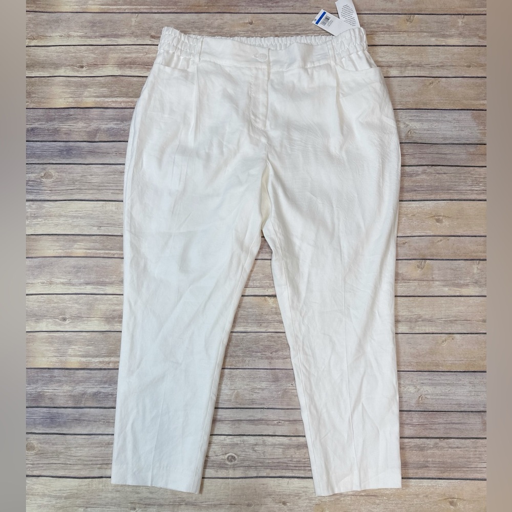 Calvin Klein Women's Elastic Band Linen Woven Stretchy Pant White XL